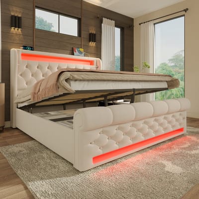 MODENUIT Gestoffeerd bed 140x190 cm – LED-verlichting, USB en USB-C – Hydraulische opbergruimte – Fluweel – Zonder matras – Beige