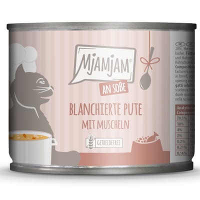 6x185g MjAMjAM op jus geblancheerde kalkoen met mosselen kattenvoer nat