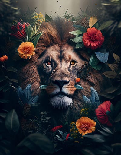 AI - Woondecoratie - Poster - Dieren - Leeuw - Bloemen en jungle - 13 - 40 x 50 cm