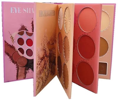 Oogschaduw - Prachtig Make-up Boek 4-in-1 met 4 Paletten – 24 Oogschaduws, 6 Highlighters, 6 Blushes, 4 Compact Poeders + 3 Wenkbrauwpoeders –Spiegel- Professionele Make-up, Hoge Pigmentatie, 100% Vegan & Dierproefvrij – Het Perfecte Cadeau