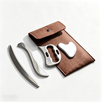 4-in-1 roestvrijstalen spierschraper voor lymfedrainage en massage, ideaal voor gezicht, nek, rug en benen, inclusief vilten opbergtas