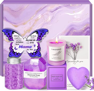 Cadeauset voor Moederdag - Verjaardagscadeau voor Mama met Decoratief Vlinderbord, Geurkaars en Ontspanningsproducten