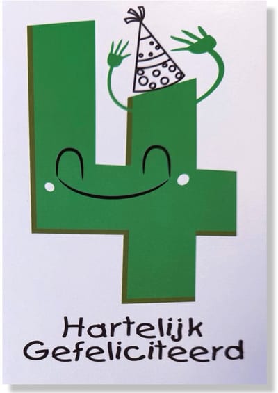 Hoera 4 Jaar! Luxe verjaardagskaart - 12x17cm - Gevouwen Wenskaart inclusief envelop - Leeftijdkaart