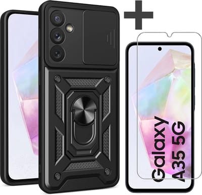Hoesje met Screenprotector Geschikt voor Samsung Galaxy A35 Met draaibare Ringhouder en camera bescherming - Arara backcover - Zwart