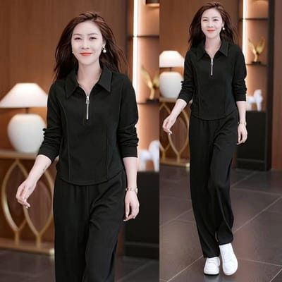 Ensemble de sport à demi-fermeture éclair à manches longues tendance pour femmes, style Printemps et Automne, Ensemble deux pièces rajeunissant et amincissant 4XL noir