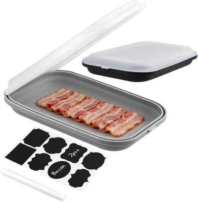 Set van 2 vershouddozen Fresh siliconenmateriaal voor kaas, vleeswaren, stapelbaar, vershouddozen met deksel, voor vriezer, magnetron en vaatwasser (zwart + grijs)
