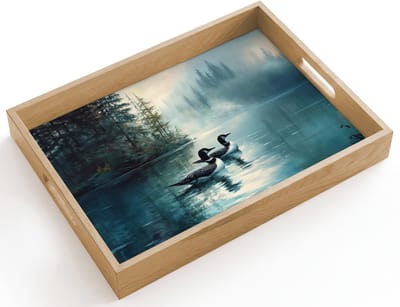 Dienblad hout 40x30 cm - Schootdienblad - Bos - Water - Eenden - Mistig - Borrelplank rechthoek - Plateau dienbladen