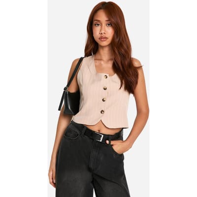 boohoo Dames Pinstripe Vierkante Hals Cropvest | Camel | Maat: 12