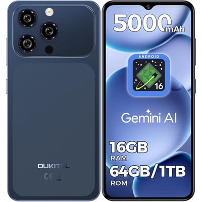 OUKITEL C17 Android 16 Mobiele Telefoon Ontgrendeld 2026-12GB+32GB/16GB+64GB/16GB+128GB, 6.52'' Waterdrop, 5000mAh Smartphone, 13MP+5MP, 3.5mm Jack /GPS blauw