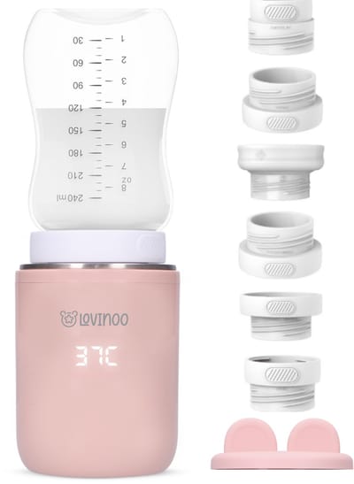 Lovinoo Flessenwarmer Onderweg - Draagbare Draadloze Baby Flessenwarmer - Flesverwarmer - 4 Temperatuurniveaus - USB Oplaadbaar - Incl. 6 Adapters - 13.200 mAh - Roze
