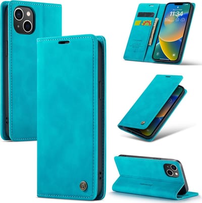 Casemania Hoesje Geschikt voor Apple iPhone 14 Plus Azure Blue - Dunne Portemonnee Book Case - Slim Wallet Case met Pasjeshouder