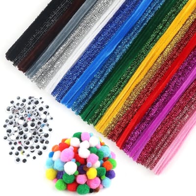 100 Stuks Chenille Draad met Beweegbare Ogen, 154 Stuks Stickers en Multikleurige Pompoms voor Creatieve DIY Projecten en Knutselen