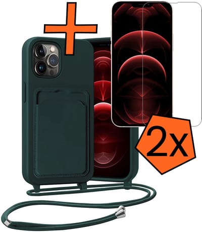Hoesje Geschikt voor iPhone 13 Pro Hoesje Met Telefoonketting Pasjeshouder Case Met 2x Screenprotector Koord - Hoesje Geschikt voor iPhone 13 Pro Hoes Met Kaarthouder - Donkergroen