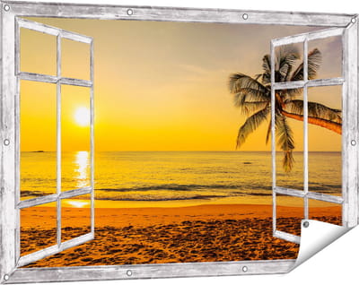 Gards Tuinposter Doorkijk Tropisch Strand tijdens Zonsondergang - 120x80 cm - Tuindoek - Tuindecoratie - Wanddecoratie buiten - Tuinschilderij