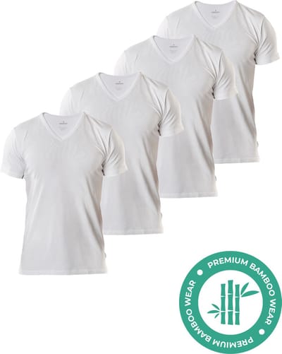 SQQUADD® Bamboe T-Shirt Heren - Regular fit - V-hals - Maat S - 4-pack - Zijdezacht en Ademend - Anti Zweet T-Shirt - Ondershirt Heren - Wit