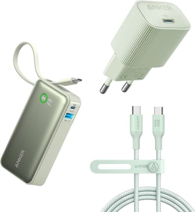 Anker BIO bundel - Anker Nano powerbank-10.000 met ingebouwde USB-C kabel 30W + Anker Nano - USB-C-stekker - 30 W +Anker 544 USB-C naar USB-C Duurzame Kabel Bio-Nylon 140W 1.8M