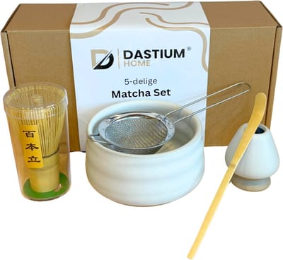 Dastium Home Matcha Set - 5 delige Matcha Starterset - Matcha Klopper - Matcha Kom - Matcha Zeef - Matcha Thee Set - Natuurlijke Vorm Wit