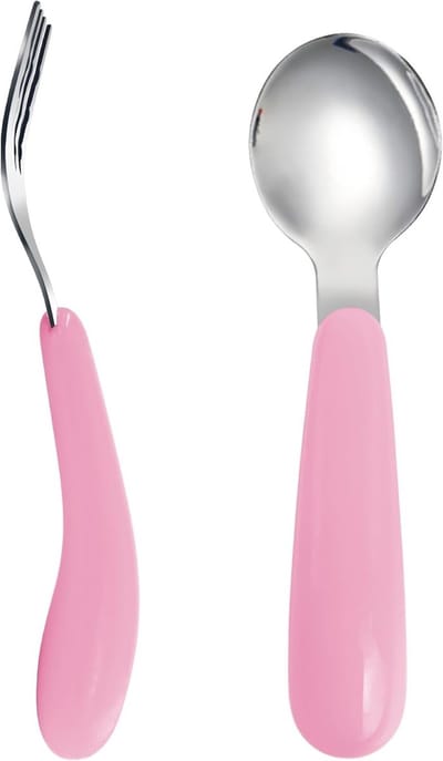 Set van 2 Kindervork en Lepel met Reisetui - 18/8 Roestvrijstalen Bestek voor Peuters - Ideaal voor Schoollunch en Eten Thuis (Roze)