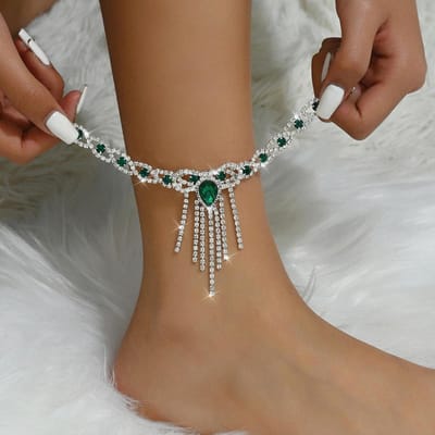 1 stuks Sexy en modieuze sprankelende kwastjes gecombineerd met blauwe strass enkelkettingen perfect voor damesfeesten en zomerse strandkleding 1 pc groen