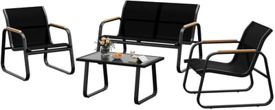 ITRONIQ Loungeset Tuin 4 Personen – 4-Delige Tuinset Met 2-Zitsbank, 2 Stoelen en Glazen Salontafel – Terras Set – Zwart