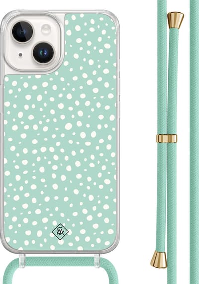 Casimoda® hoesje met mintgroen koord - Geschikt voor iPhone 14 - Mint Dots - Afneembaar koord - TPU/acryl - Mint