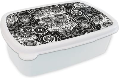 Broodtrommel Wit - Lunchbox - Brooddoos - Tieners - Skull - Bloemen - Patronen - 18x12x6 cm - Volwassenen