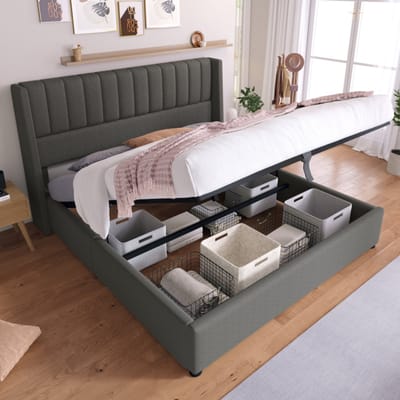DESMIU Gestoffeerd Bed 160x200 cm – Hydraulisch Opbergbed – Opklapbare Lattenbodem met Grote Opbergruimte – Voor Tweepersoons Slaapkamer – Linnen – Grijs – Zonder matras