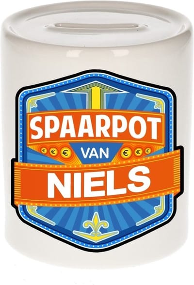 Bellatio Decorations Kinder spaarpot met naam - Niels - keramiek - met dop - wit - Sparen - Spaargeld van Niels