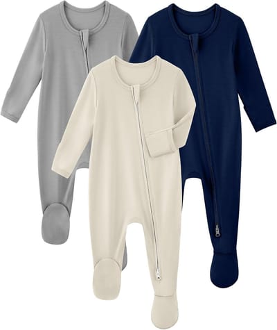 Babypyjama voor jongens en meisjes (0-3 maanden) van bamboe viscose, 3 stuks met wanten, comfortabel en ademend, grijs abrikoos en diepblauw