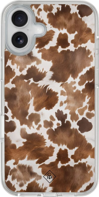 Casimoda® hoesje - Geschikt voor iPhone 16 - Cowhide Chic - 2-in-1 case - Schokbestendig - Illustratie - Verhoogde randen - Bruin/beige, Transparant