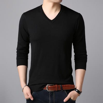Pull Tricoté Automne Homme Pull Couleur Unie Col en V Manches Longues Simple T-shirt Pull Plat Chemise de Fond Haut XXXXL black