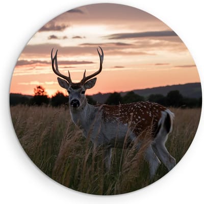 Saammp Muurcirkel Hout - jong hert met zonsondergang - Natuur - Dieren - Ø 90 - Wandcirkel - Wanddecoratie Cirkel - Muurdecoratie Woonkamer - Slaapkamer decoratie - Rond Schilderij