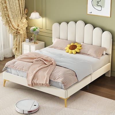 MODFU Bedframe 140x200 cm, beige fluweel, met verstelbaar hoofdbord en lattenbodem