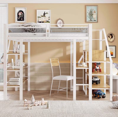 MEUNIQ Hoogslaper 140x200 cm met bureau, kledingkast, 3-laags opbergrek, trap met opbergvakken en veiligheidshekken voor slaapkamer of studeerkamer, wit