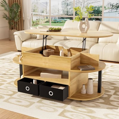 DESMIU Salontafel - Opklapbaar Blad Met Opbergruimte En Stoffen Lades - Voor Woonkamer, Werkkamer En Slaapkamer - Houtdecor - Zwart Hout - 105 X 50 X 45/60 Cm