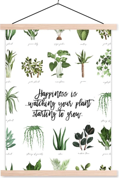 Posterhanger incl. Poster 87x120 cm - Schoolplaat - Happiness is... watching your plant starting to grow - Spreuken - Quotes - Textielposter - Blanke latten