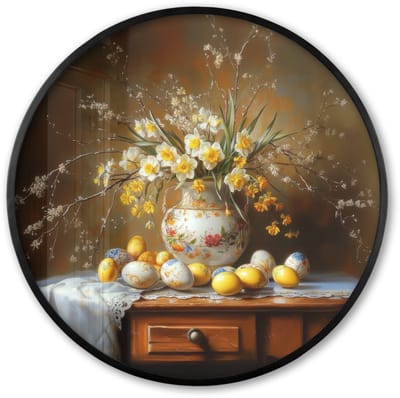 Poster in lijst Rond - Fotolijst 60x60 cm - Posters - Paaseieren - Stilleven - Vaas - Ronde posterlijst zwart - Decoratie - Wanddecoratie woonkamer - Muurdecoratie slaapkamer