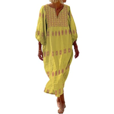 Zomer Damesjurk Driekwart Mouwen Boheemse Stijl Bedrukt Losse V-hals Pullover Casual Mid-kuitlengte Midi Jurk XXXL geel