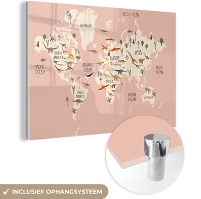 ® Glasschilderij 150x100 cm - Schilderij acrylglas - Wereldkaart - Kinderkamer - Dino's - Meisjes - Kinderen - Roze - Foto op glas - Muurdecoratie woonkamer - Wanddecoratie slaapkamer - Schilderijen
