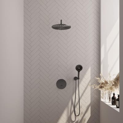 Brauer Gunmetal Edition thermostatische inbouw regendouche 3-weg rond SET 82 met 30 cm douchekop en gebogen muurarm en 3-standen handdouche en doucheslang en wandaansluitbocht gunmetal geborsteld PVD
