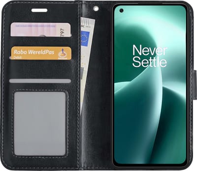 Hoesje - Met Pasjeshouder - Geschikt voor OnePlus Nord 2T - Luxe Bookcase Portemonee - Flip Case - Kunstleer Book Case - Flipcase - Book Cover - Walletcase - Portemonneehoes - Zwart