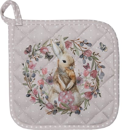 Clayre & Eef Pannenlap 20x20 cm Beige Roze Katoen Vierkant Konijn Bloemen Afgiet Pannenlap