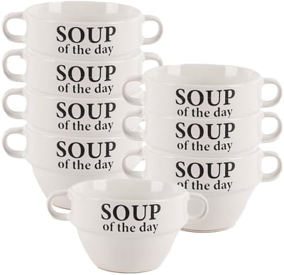 Bellatio Design Soepkommen - 8x - 500 ml - Soup of the day - keramiek - D12 x H8 cm - wit - Stapelbaar