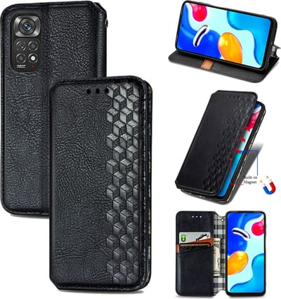 Luxe PU Lederen Ruitpatroon Wallet Case + Screenprotector voor Xiaomi Redmi Note 11 / 11s _ Zwart