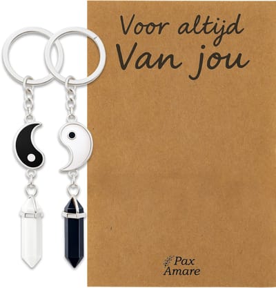 Koppel Sleutelhanger voor 2 'Voor altijd van jou' - Yin Yang met Edelsteen - Sleutelhanger set op Cadeau Kaartje - Zilverkleurig - Persoonlijke Hanger - Pax Amare