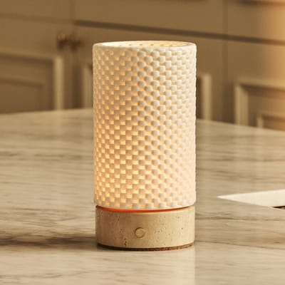 Tavellio Luna Draadloze Tafellamp – H18 – Travertijn en Porselein – 3D geprint – Beige