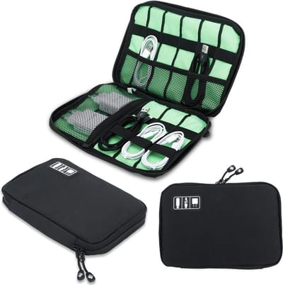 Intirilife elektronica-organizer in ZWART - Multifunctionele nylon tas met gaasvak en talloze vakken, perfect voor elektronische accessoires zoals koptelefoons, USB-sticks, oplaadkabels en nog veel meer.