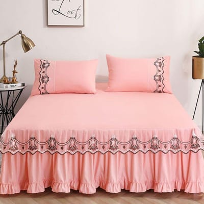 Moderne Minimalistische Kanten Bedrok Prinses Stijl Huidvriendelijk Katoen Antislip Sprei Huishoudelijke Bedrok Drie Delige Set 120x200cm