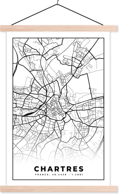 Posterhanger incl. Poster 40x60 cm - Schoolplaat - Frankrijk – Kaart – Plattegrond – Stadskaart - Chartres - Zwart wit - Textielposter - Blanke latten - Stadskaart