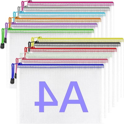 Set van 12 Doorzichtige A4 Zipper Tassen, Plastic Portemonnees en Netwerk Zakjes voor Documenten, Ideaal voor School, Kantoor en Reizen